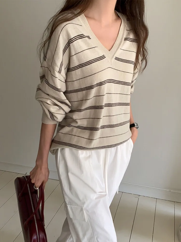 Chic automne rayé tricots v-ne ample longue Sve couche de Base col décontracté femmes Faion printemps automne saisonnier
