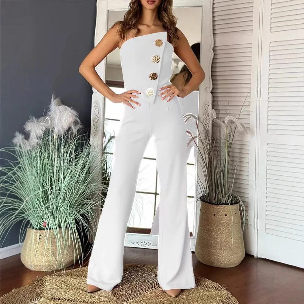 2025 Summer New Sexy Tube Top Button Decoration Flared Jumpsuit Women's Clothing One Piece Outfit Women