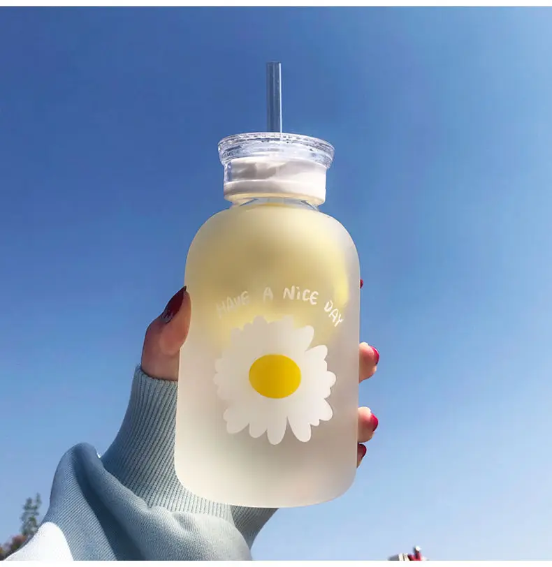 Glass Water Bottle with Straw Creative Daisy Frosted/Transparent Cup Leakproof Portable Drinking Bottle with a Sealing Cap Lid