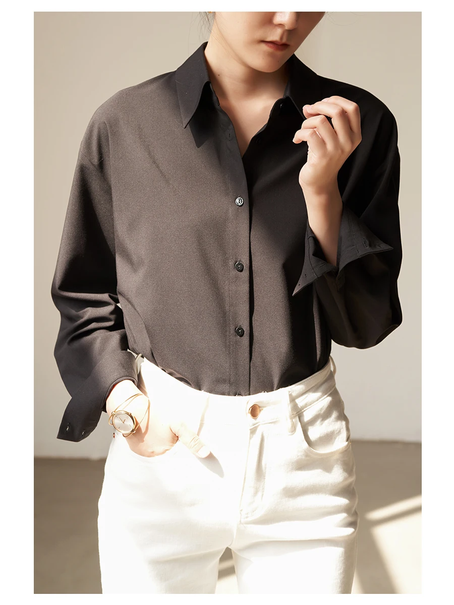 

Shallow Streams Commuter Style Long Sleeve Black Shirt Women's Inner Wear Spring Autumn Versatile Simple Personality Paper Fi...