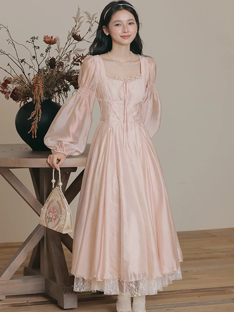 Outono inverno rosa malha chique renda gola quadrada maxi vestido feminino elegante casual casa vestido 2025 moda coreana bodycon vestidos