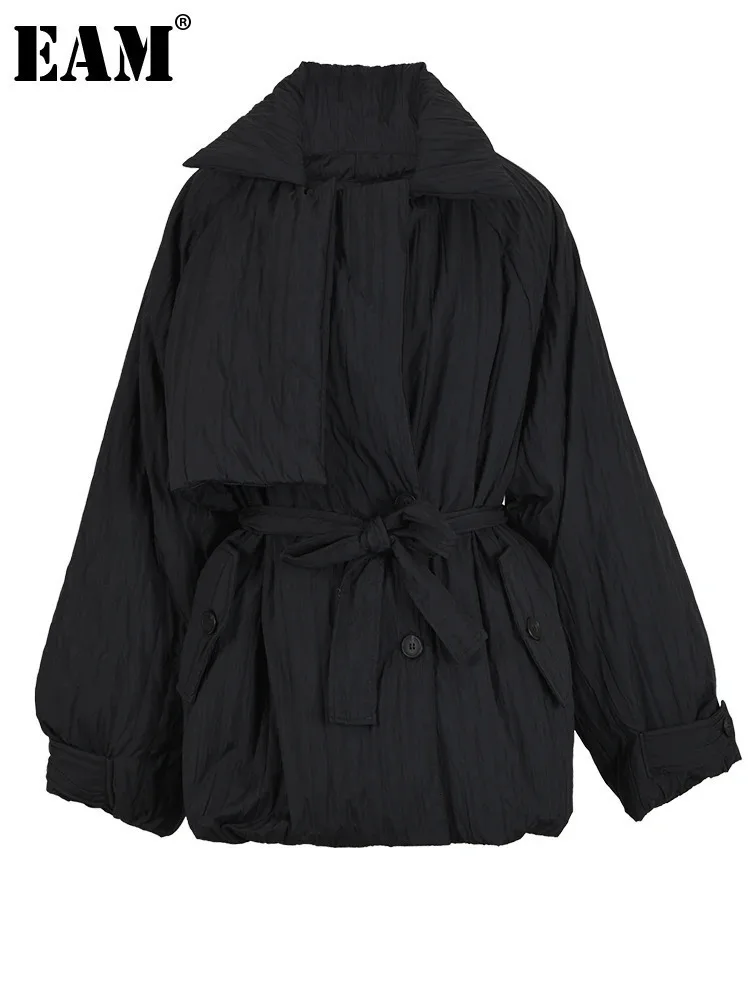 EAM Black Pleated Big Size Down Jacket Loose Fit New Long Sleeve Warm Women Parkas Fashion Tide Autumn Winter 2024 CPG0832