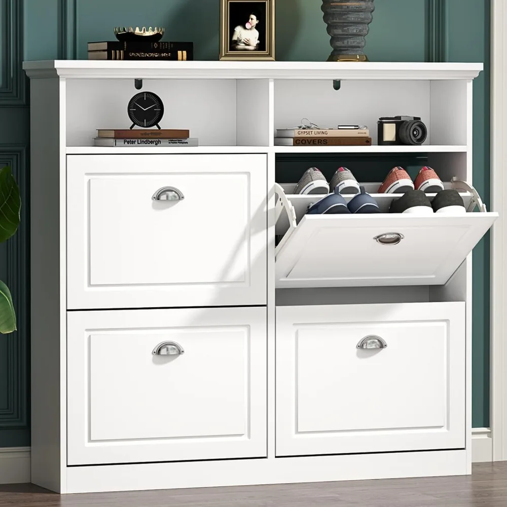 Shoe Cabinet with 4 Flip Drawers, Freestanding Shoes Storage Cabinets with Open Shelves, Shoe Cabinet