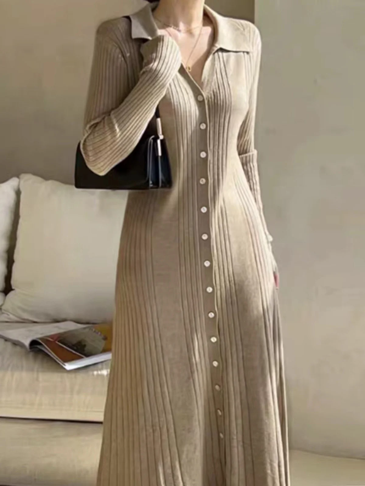 Chic Autumn Winter Knitted Long Sleeve Dress Casual Loose Women's Fashion Turn-down Collar Single Button Long Dress