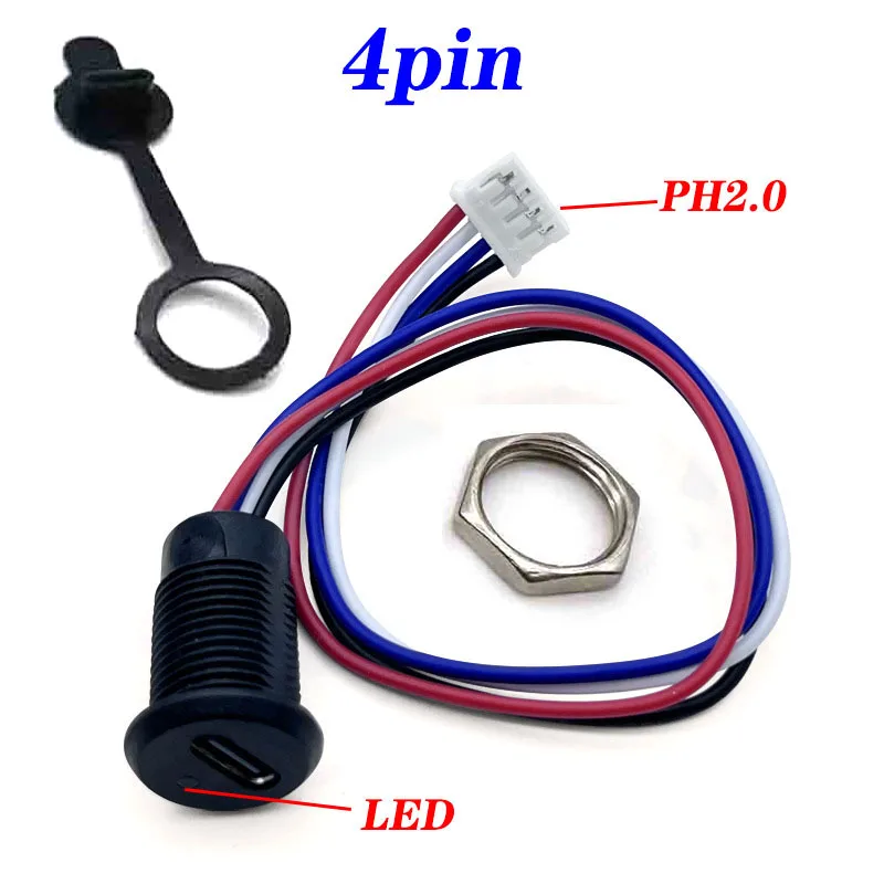 

USB Type C connector with light equipped with PH2.0 nut lock plate cable waterproof USB C female socket charging socket