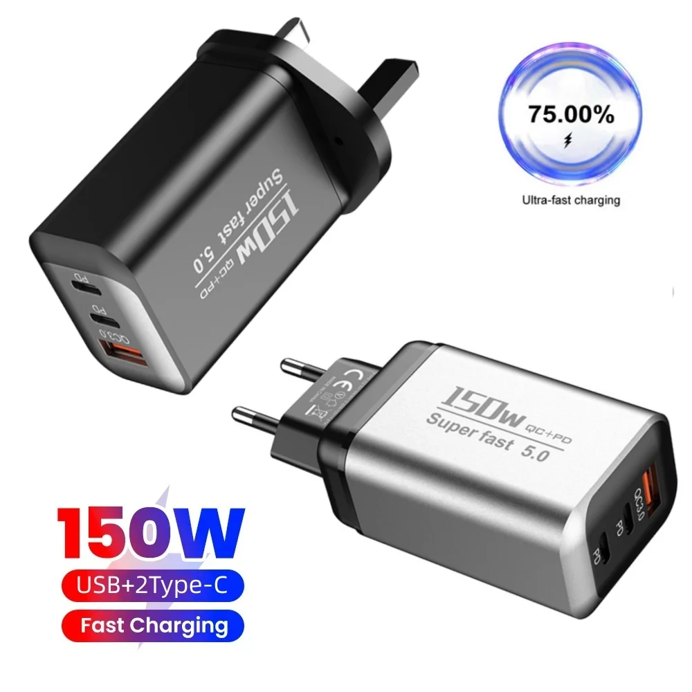 150W USB Type C Fast Charging Charger 3 Ports PD QC3.0 Travel Wall Adapter USB C EU/UK/US Plug For iPhone Redmi Samsung Xiaomi