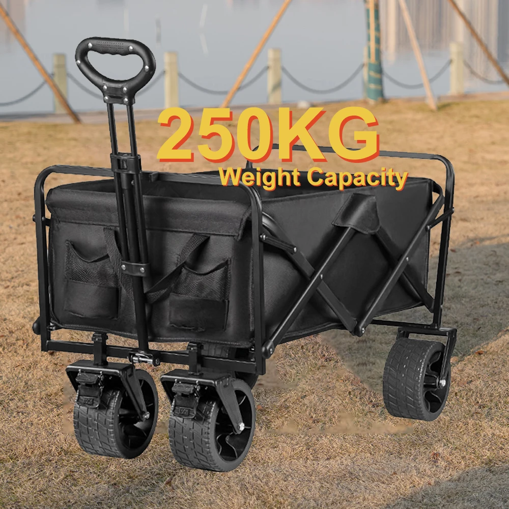 Collapsible Wagon Cart, 250kg Capacity Beach Wagon with Big Wheels for Sand, Heavy Duty Foldable Wagon with Brakes