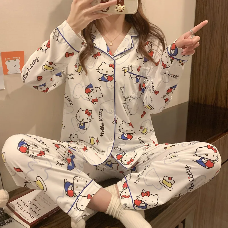 

Sanrio Hello Kitty Long-Sleeved Pajamas Set Kawaii Cartoon Cinnamoroll Printing Cardigan Style Thin Polyester Cute Home Clothes