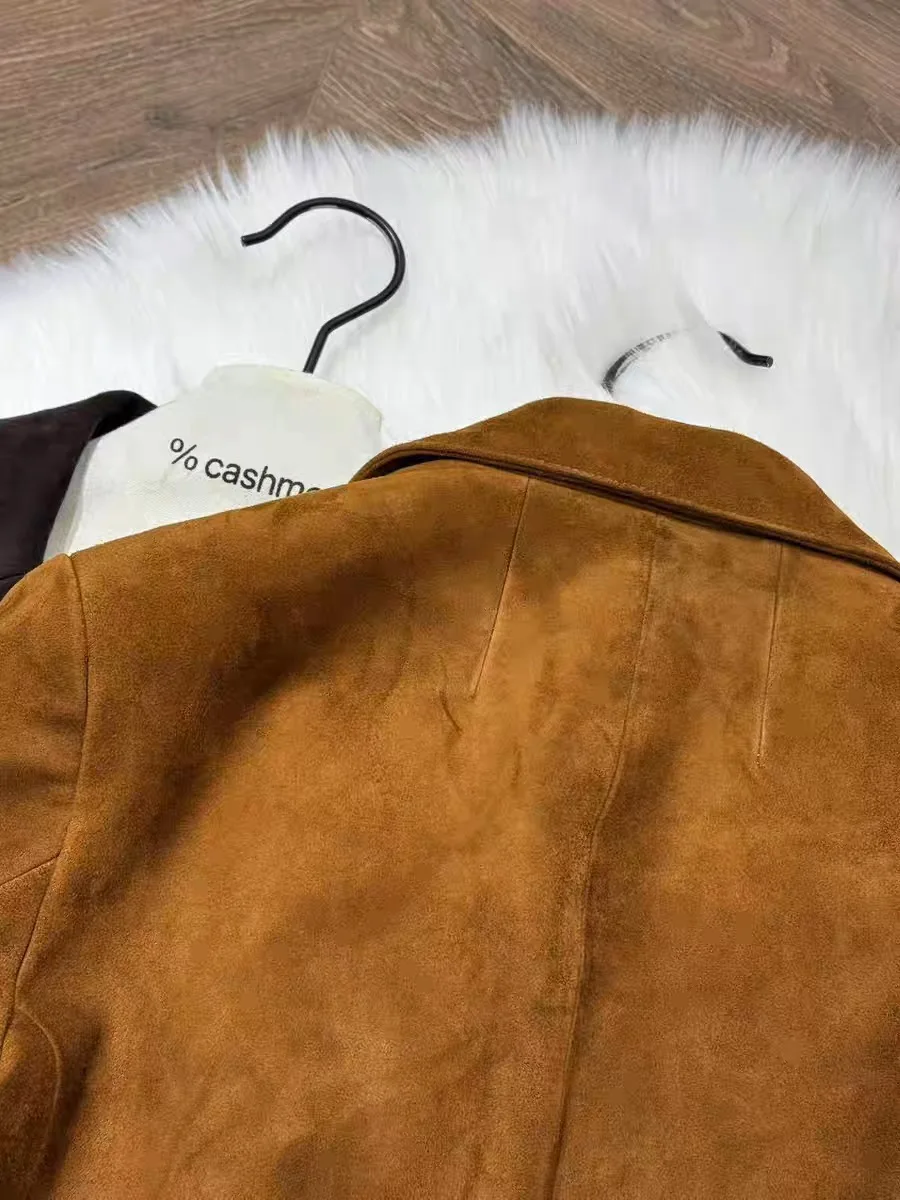 Giacca in pelle scamosciata per bambini retrò di fascia alta per donna Cappotto lungo monopetto con collo quadrato e cinturino Capispalla femminile al cioccolato