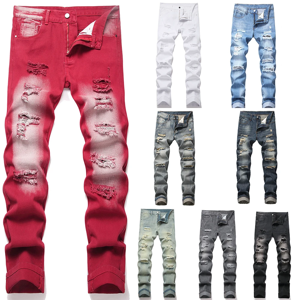Men‘s Skinny Denim Jeans Streetwear Tearing Patchwork Holes Ripped Denim Elastic Waist Casual Pants Slim fit Straight Trousers