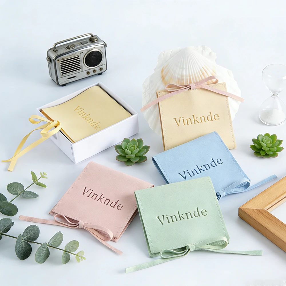 

100Pack Custom Logo Microfiber Jewelry Bag with Bow Ribbon Necklaces Earring keychains Storage Pouches Wedding Party Dust Boxes