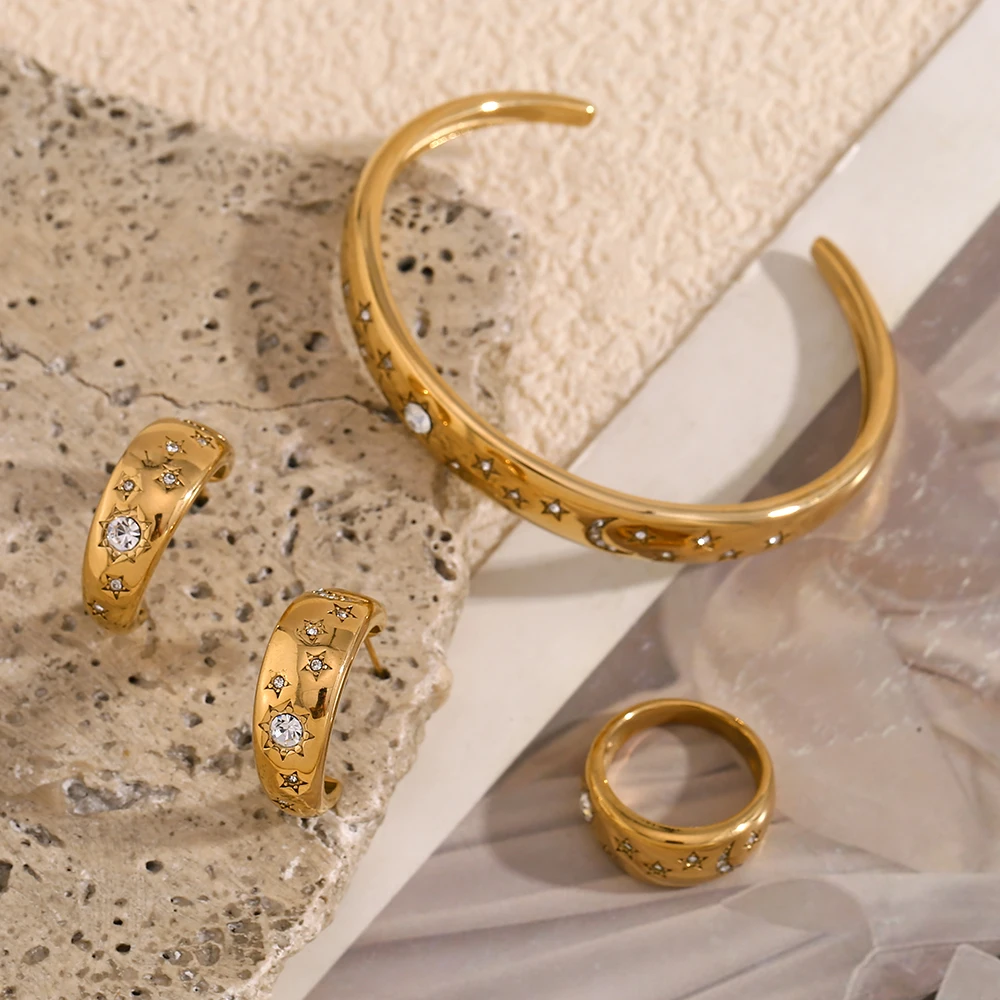 E.B.belle Star Moon Bracelet Earring Ring  Jewelry Set Hypollergenic Stainless Steel Jewelry Decoration For Women Girls Jewelry
