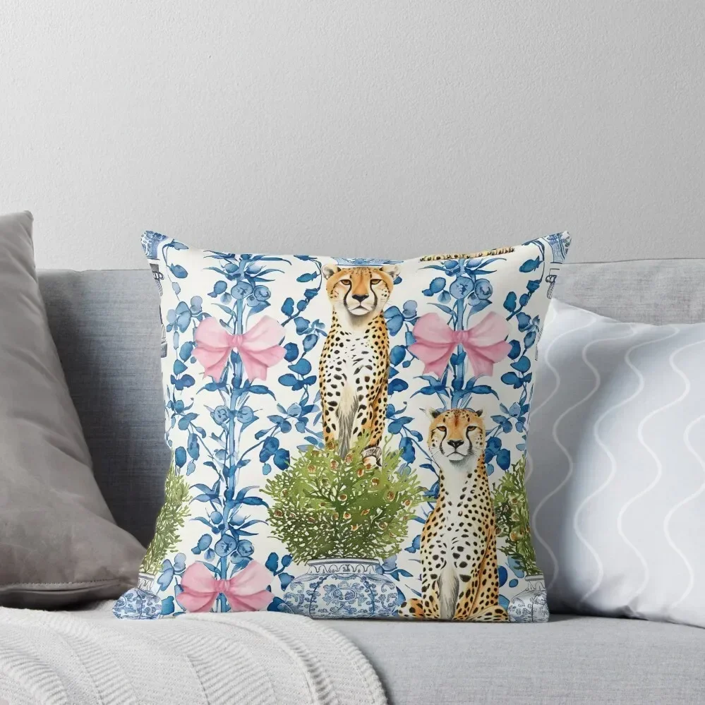 Grandmillennial cheetahs, topiaries in chinoiserie jars and pink bows on blue and white porcelain background Throw Pillow