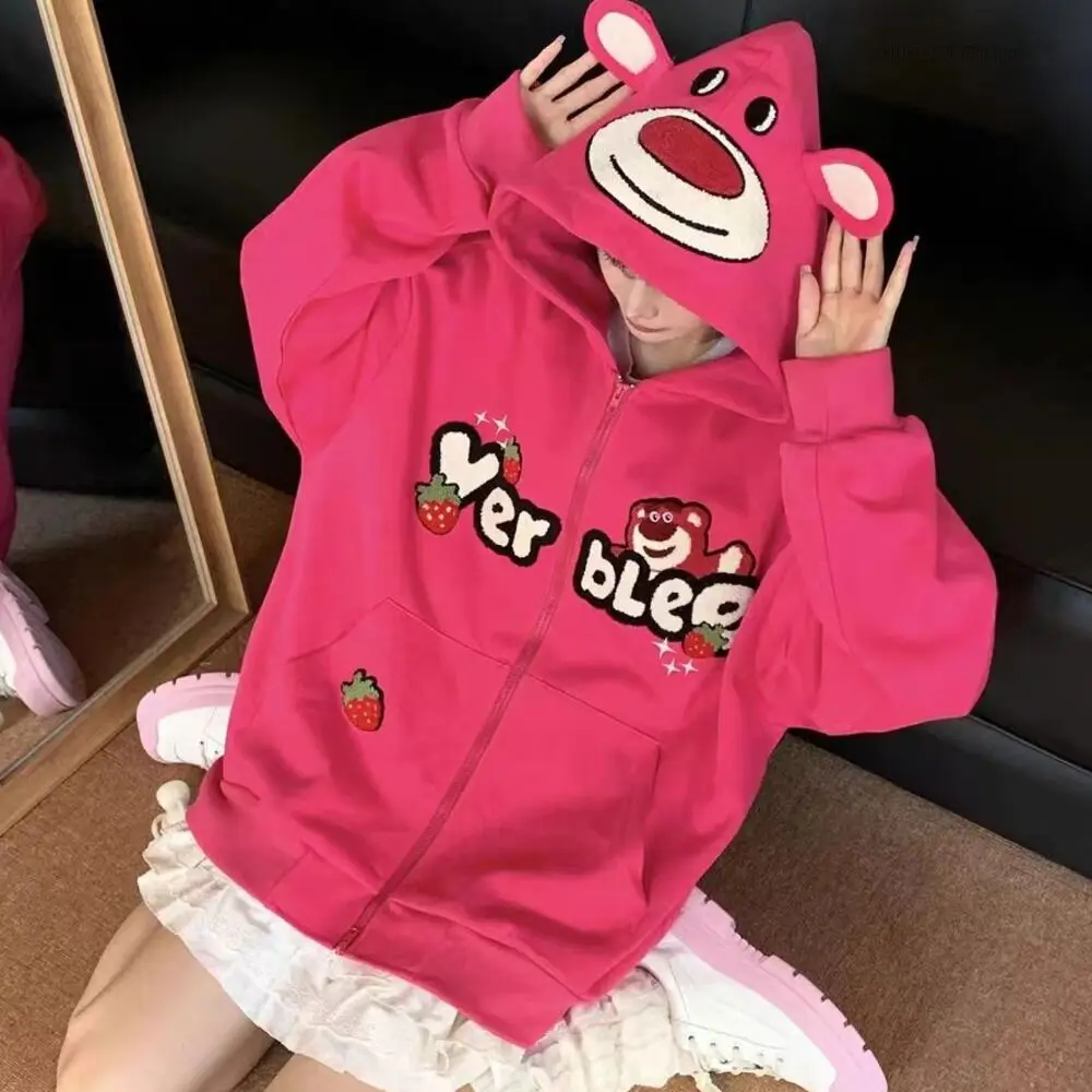 Disney Cartoon Embroidered Lotso Bear Hoodies Y2k Cute Clothes Women Trendy Loose Long Sleeve Zipper Jacket Aesthetic Top Shirts