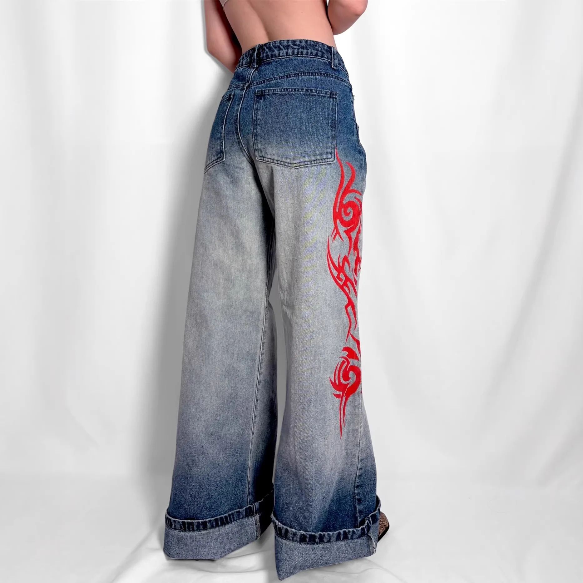2026 New Printed Jeans Washed And Distressed Design Loose Wide Leg Foreign Trade Casual Pants For  Women's Denim Trousers Y2k