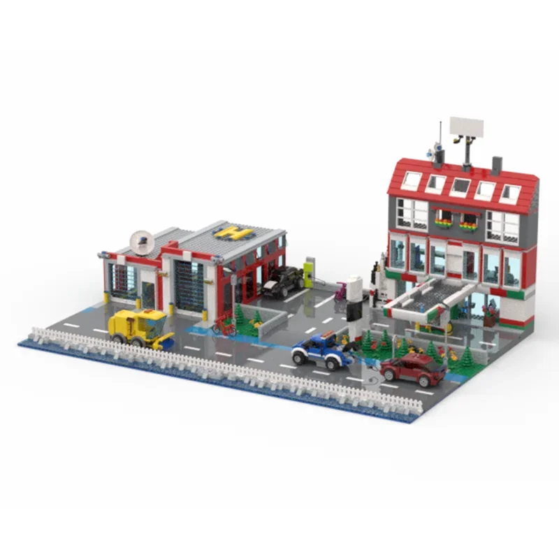 Moc Building Blocks Service Station and Fire Department Model Technology Bricks Christmas DIY Assembly Toy Construstion Gifts