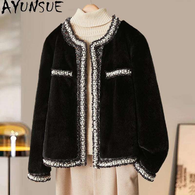 เสื้อโค้ทขนมิงค์ AYUNSUE สำหรับผู้หญิง ปี 2025 เสื้อโค้ทขนสีดำแบบใหม่ เสื้อโค้ทและแจ็คเก็ตฤดูหนาวสำหรับผู้หญิง เสื้อผ้าหรูหราสำหรับผู้หญิง Ropa Mujer