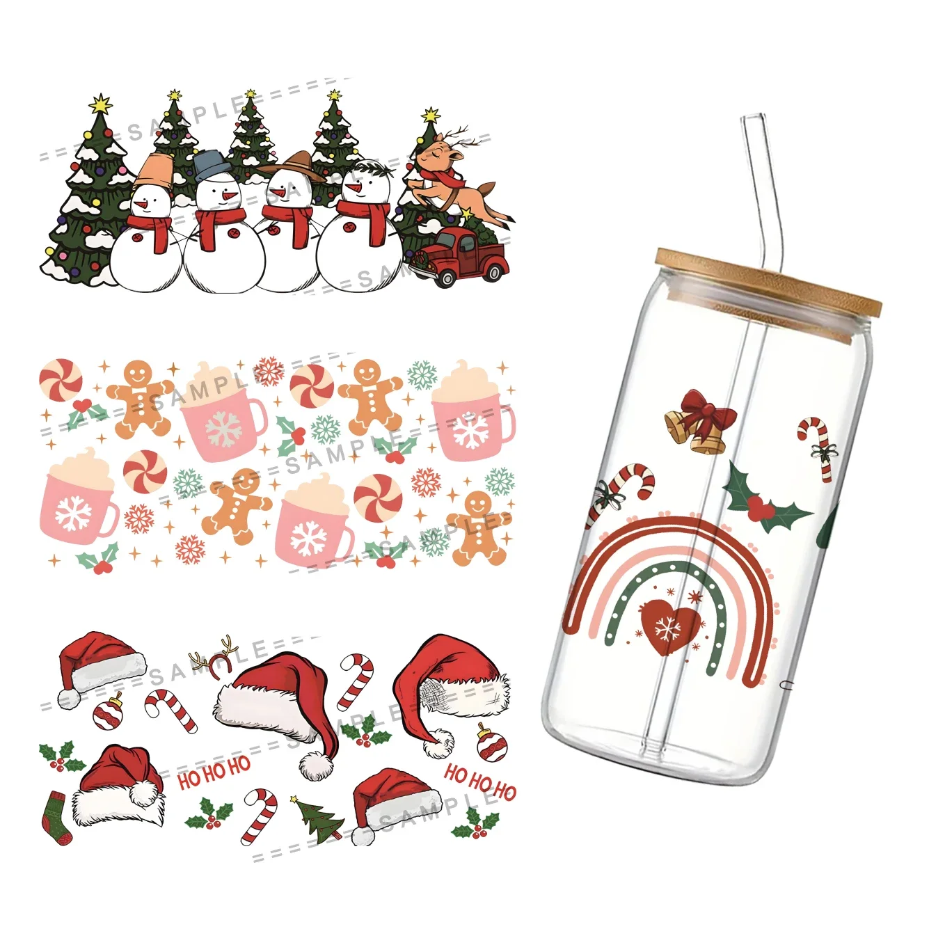 Świąteczne okleiny na kubki Libbey 16oz, UV DTF, okleina na kubek do kawy, okleina na szkło Libbey, Wesołych Świąt