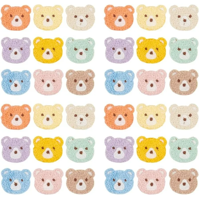 36 Pcs Crochet Bear Head Applique Patches 9 Colors Little Bear Head Crochet Knitted Cloth Appliques Bear's Head Sew On Patches