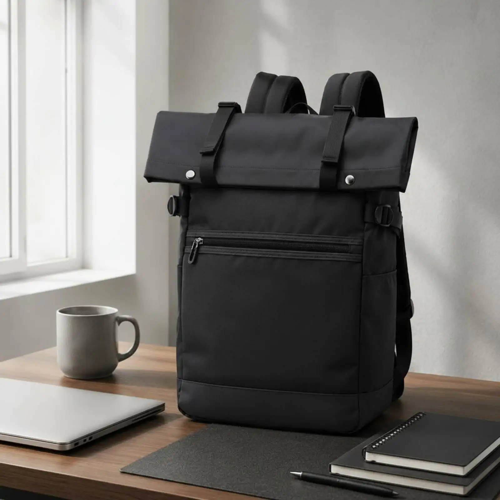 Large Capacity Fabric Backpack for Travel and Work Waterproof Oxford Laptop Bag PU Trim Commuter Daypack