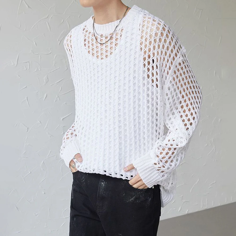 Mens Y2k Hollow Out Outfits See-Through Knit Shirts 2024 New Summer Fashion All-Match Casual Geometric Vintage Loose Smock Tops