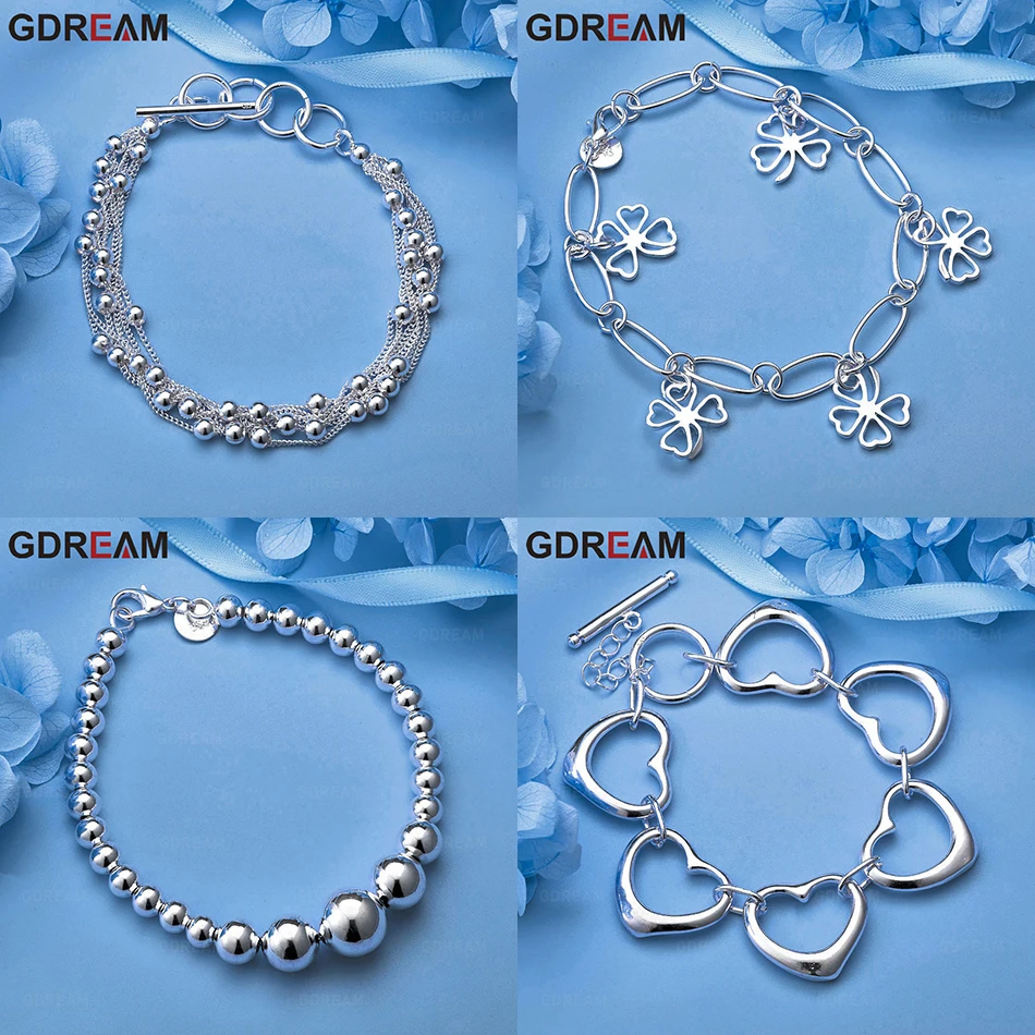 

GDREAM 925 Sterling Silver Hanging Five Four-Leaf Clover Oval Chain Bracelet Retro Fashion Holiday Gift Jewelry