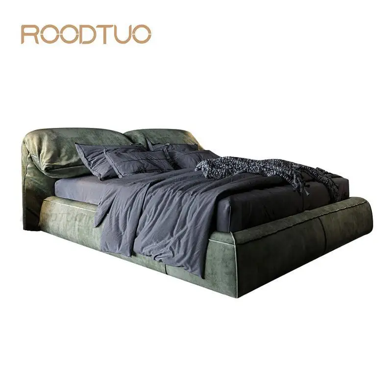 

Large Backrest Dark Green Imported Leather Full/King/Queen Size Bed Frame For 2 Person Modern Design Furniture Italy Double Bed