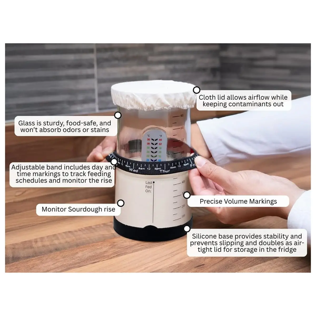 Pro Sourdough Kit -42oz Wide Mouth Sourdough Jar - Glass Sourdough Jar, Cloth Cover, Spatula Thermograph