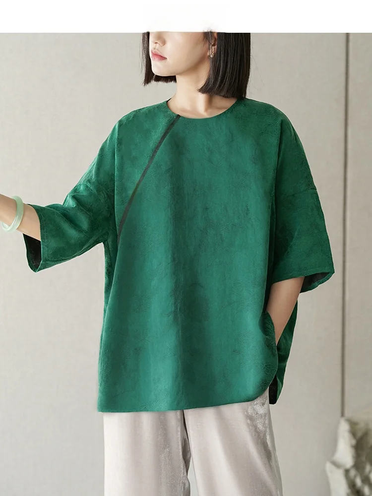 

Свободная шелковая рубашка с коротким рукавом, цвет зеленая орхидея, 25 Mumie, с вырезами, с цветочным узором, шелк Луо Сянъюнь, весна-лето, CVCCO, специальная женская модель...