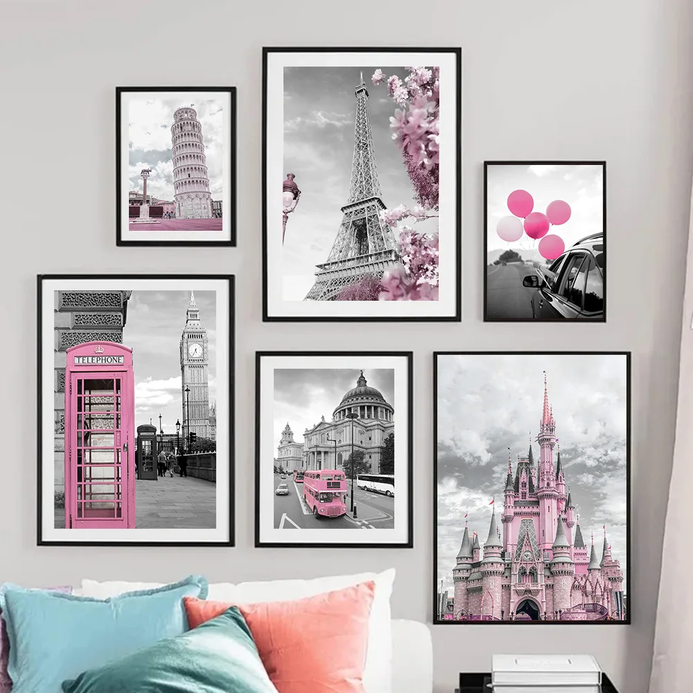 Moderne Frankreich Stadt Landschaft Poster Drucke Für Wohnzimmer Wohnkultur Rosa Und Schwarz Paris Eiffelturm Leinwand Malerei Wand Kunst