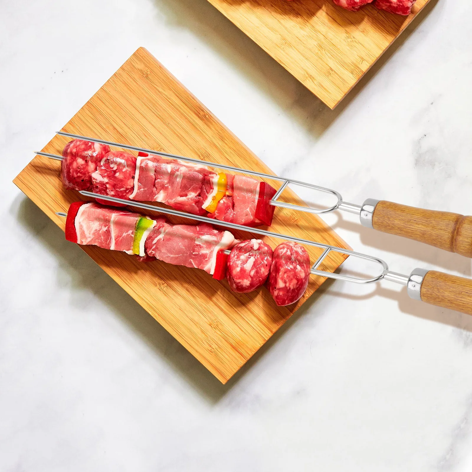 

6pcs Stainless Steel Bbq Skewers Reusable Eco Friendly Double Prong Roasting Sticks For Grilled Food Marshmallow Roasting Forks