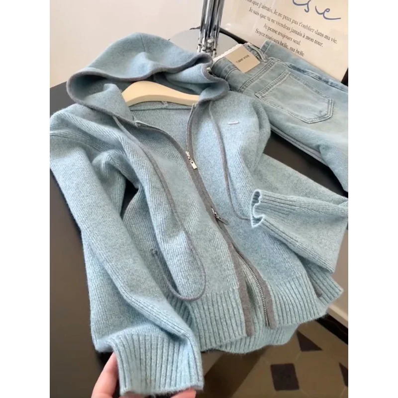 

Casual Double Zipper Hooded Knitted Cardigan for Women in Autumn and Winter Lazy Temperament Versatile Jacket Top