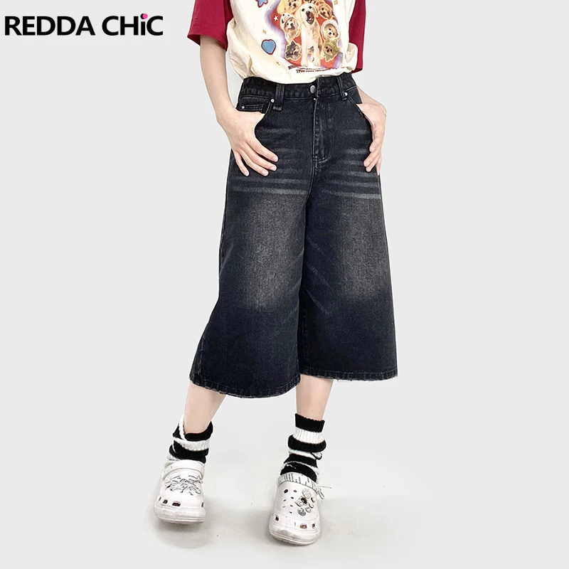 

REDDACHiC Men Women Black Brushed Baggy Jorts Low Rise Wide Leg Casual Denim Short Pants Y2k Retro Boyfriend Jeans Acubi Fashion