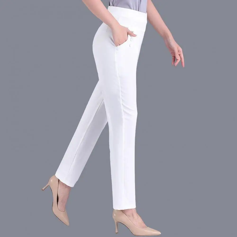 

Straight Leg Pants Women Pants Elastic Waistband Women's Summer Pants with Pockets High Waist Casual Trousers for Mid-aged