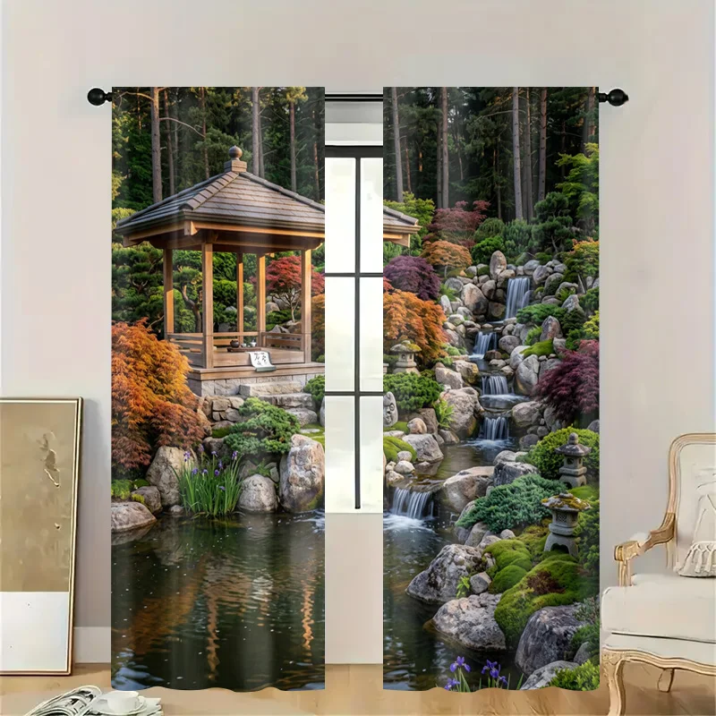High Quality Realistic Nature Window Curtain Japanese Garden Waterfall Landscape Semi-Sheer Drapes for Bathroom and Bedroom Home