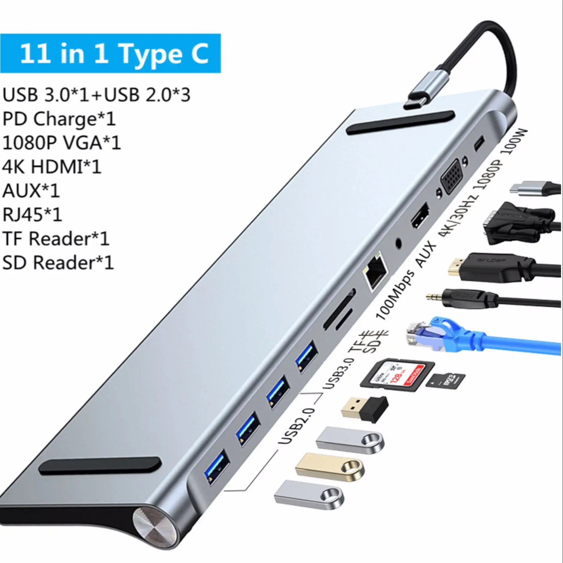 

USB-разветвитель 8/11/12 в 1, 4K HDMI RJ45 SD/TF VGA HDMI PD