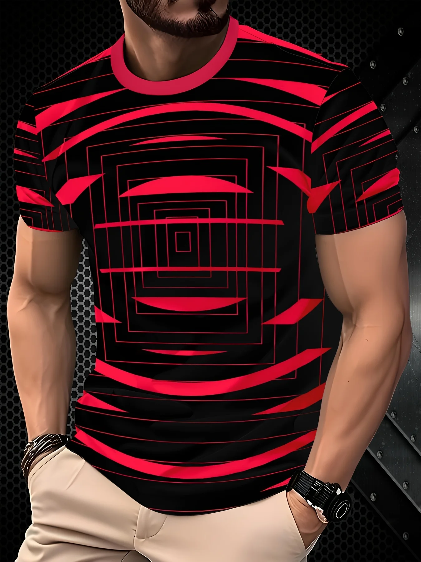 Men Black Base Red Concentric Recessed Square Frame Optical Illusion Geometric Print Crew Neck Short Sleeve T-shirt