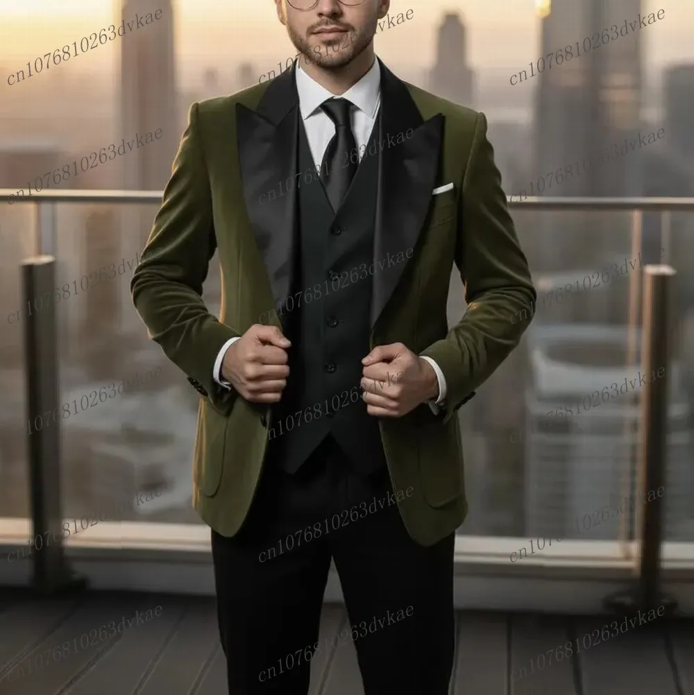 

Army Green Velvet Black Men Suit Wedding Party Formal Groom Groomsman Prom Business Male Tuxedos 3 Piece Set Jacket Vest Pants