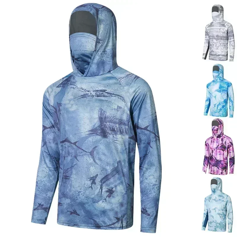 Men Marlin Fish Print Fishing Hoodie UPF50 Sun Protection Built-in Face Mask Polyester Quick Dry Multi Color Outdoor Fishing Top