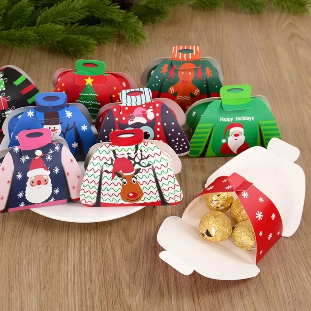 24PCS Paper Material Christmas Candy Box Assorted Design Foldable Box Gift Packaging Box Holiday Pattern Cartoon Sweater Box