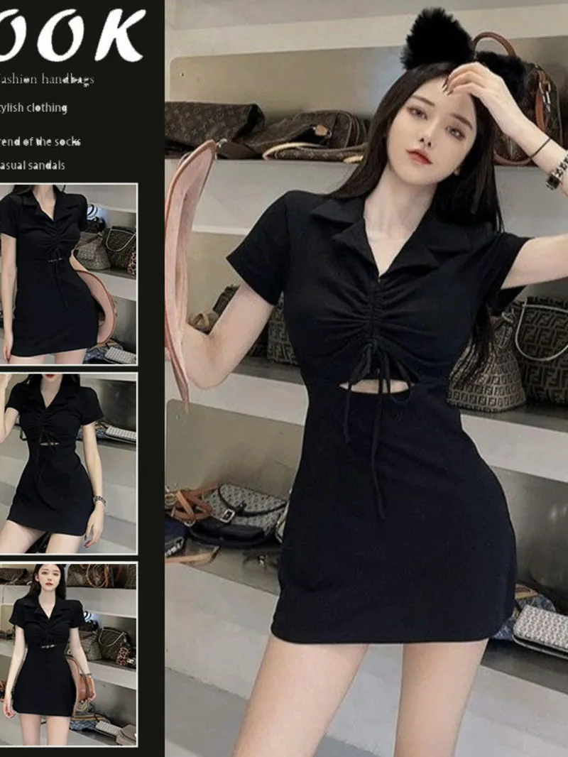 

Pure desire casual polo collar waist cinching dress for women's summer new black spicy girl hollow drawstring short sleeved 7IXD