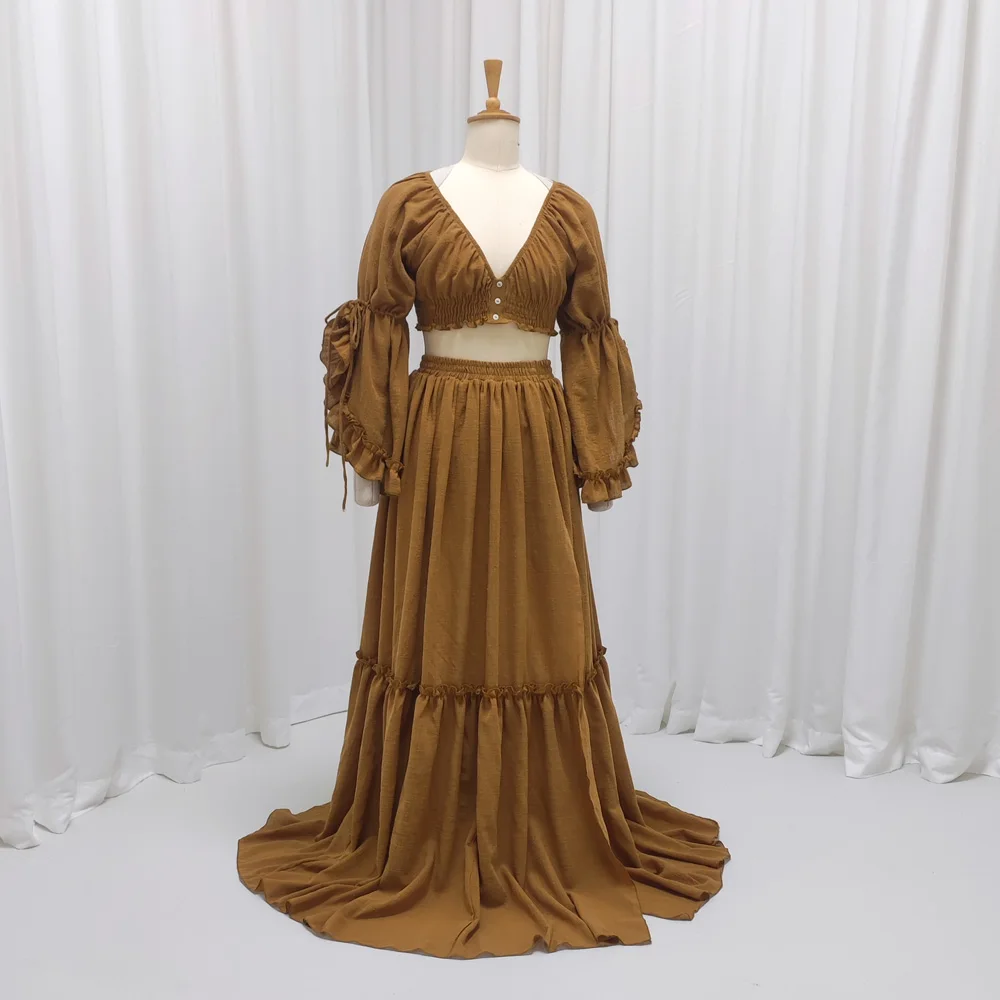 Böhmisches Fotoshooting-Schwangerschaftskleid, bequeme Baumwolle, plissierte Ärmel, zweiteiliges Set, Umstandsfotografie-Kleid, Outfit