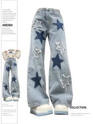 Women's Baggy Blue Star Jeans Vintage Y2k 90s Aesthetic Denim Trousers Harajuku High Waist Wide Cowboy Pants 2000s Clothes 2024