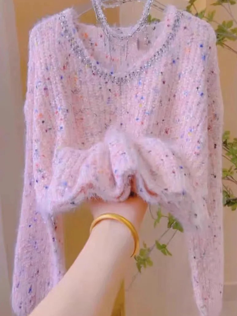 เกาหลี Sle นุ่มยาว Sve เสื้อกันหนาวผู้หญิง Polka Dot Splicing ฤดูใบไม้ร่วงฤดูหนาวใหม่ Lazy Faion Personali Top