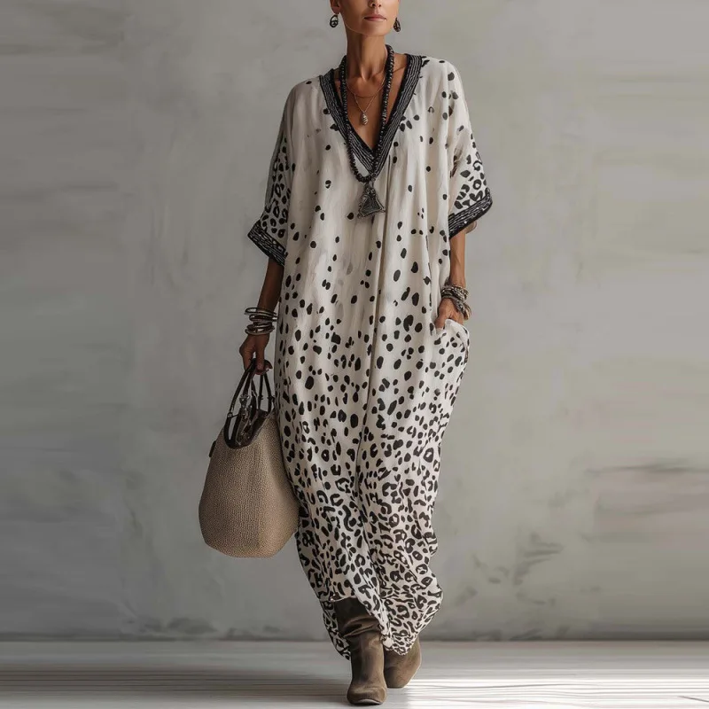2026 Spring Fashion: Women's Casual Kaftan Maxi Dress With Digital Print, V-neck & Half Sleeve