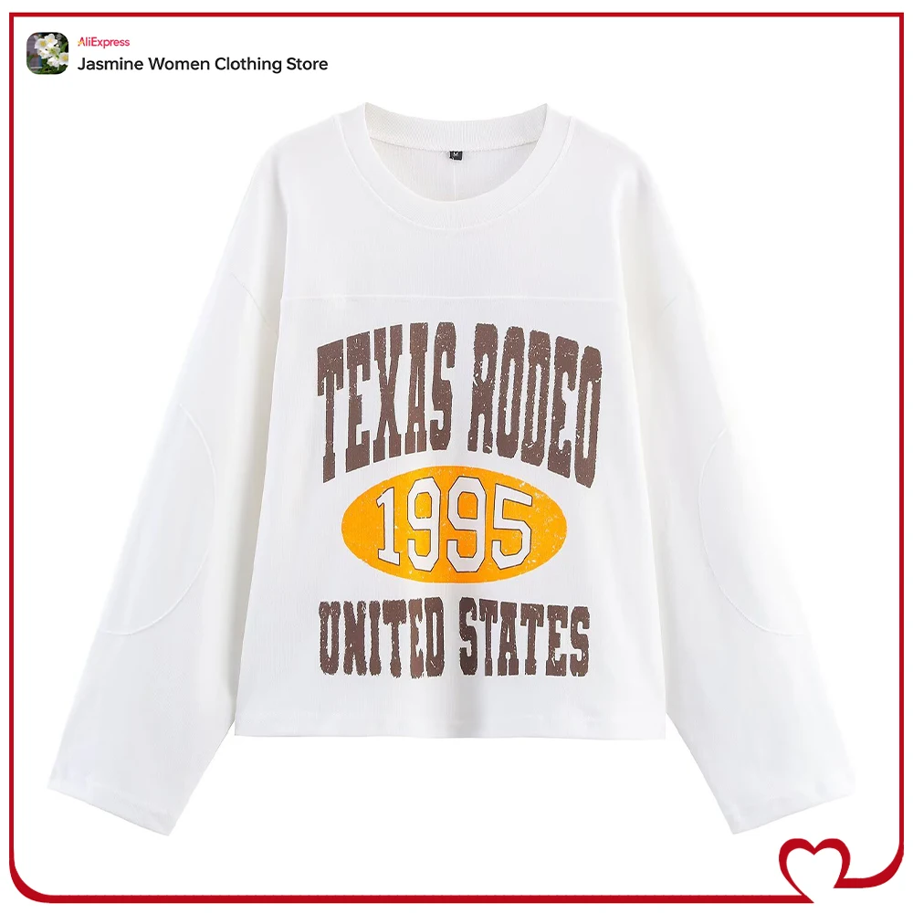 

Женская стильная толстовка в консервативном стиле с контрастным текстом и ребристой отделкой. Удобный хлопковый университетский пуловер с круглым вырезом и длинными рукавами.