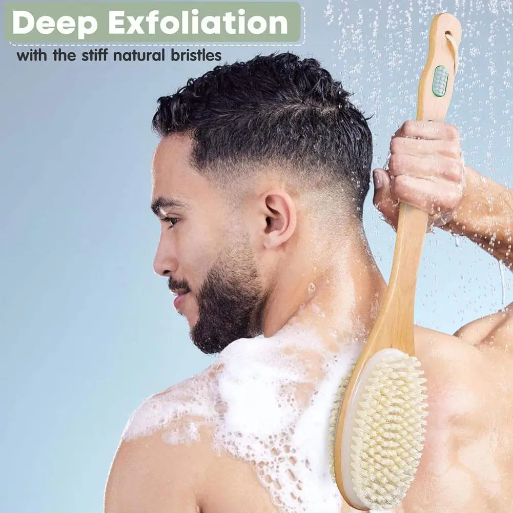 

Bamboo Shower Brush with Soft and Stiff Bristles, Bath Dual-Sided Long Handle, Back Scrubber, Body Exfoliator, Wet or Dry Brush