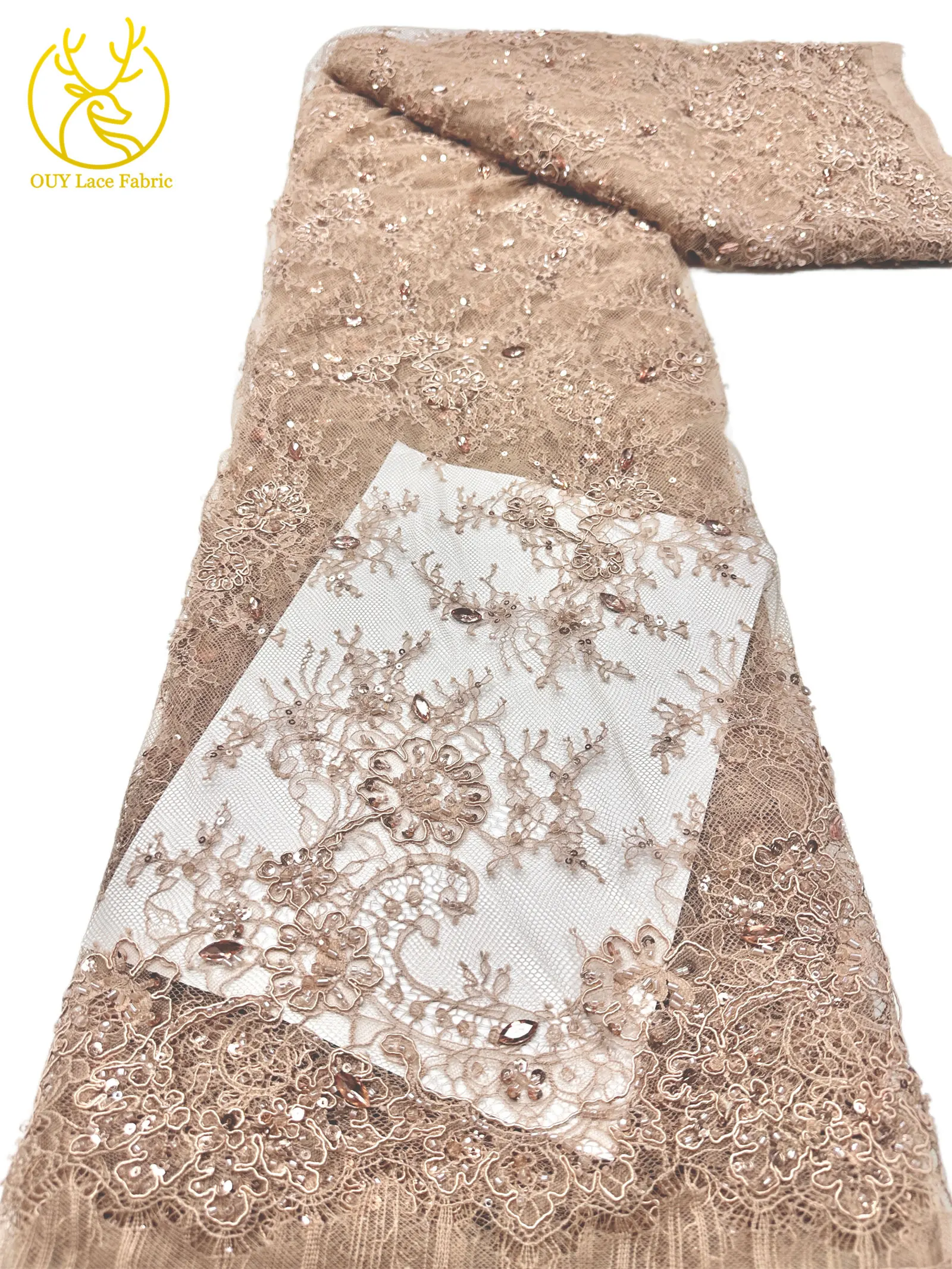 Nigerianischer Hochzeits-Tüll-Spitzenstoff 3 Meter Afrikanische Perlen-Pailletten-Spitze Französische Netz-Stickerei Hochzeitskleid-Nähstoff – Detail 10