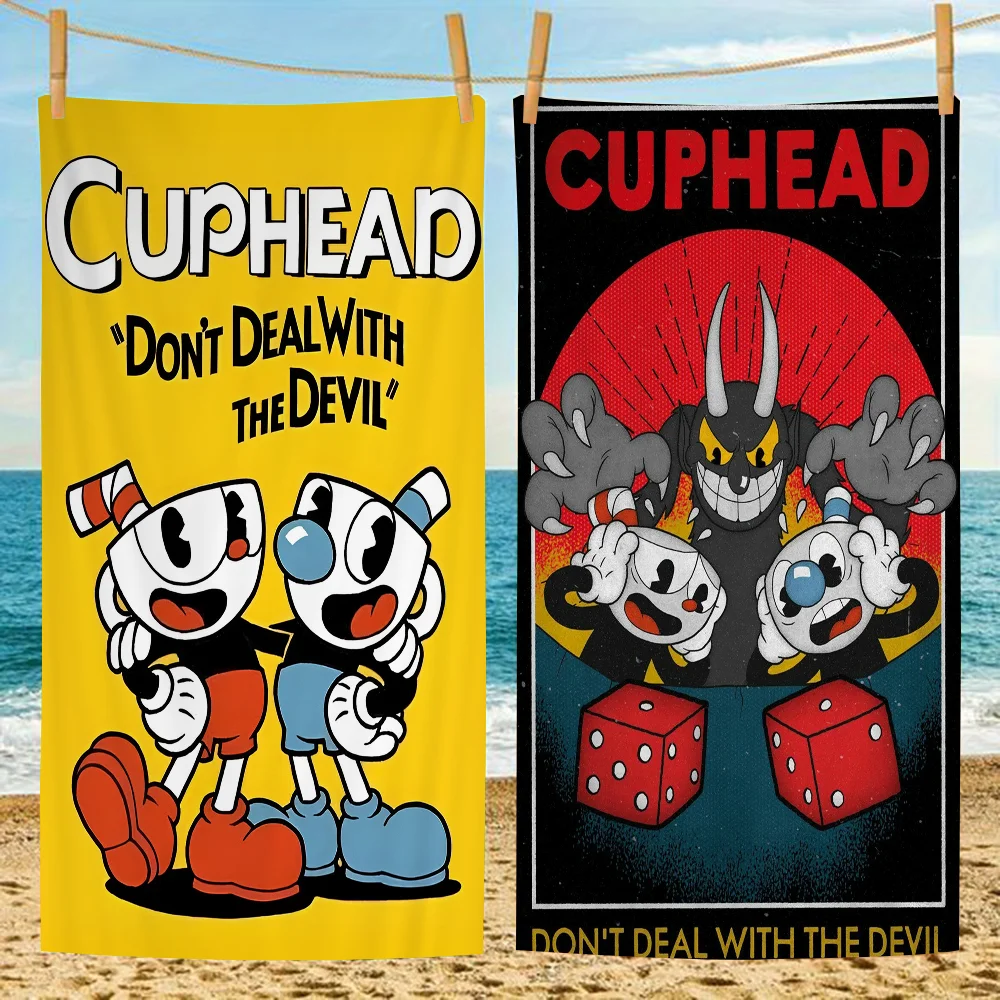 Twoplayer Co Op Hit Game C-Cuphead B-Bosses Beach Towel Cartoon Summer Kids Large Bath Pool Beach Towel Microfiber Absorbent