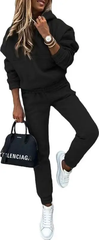 Setelan wanita elegan 2025, dua potong, warna polos, atasan hoodie lengan panjang dengan tali serut, celana panjang, setelan wanita.